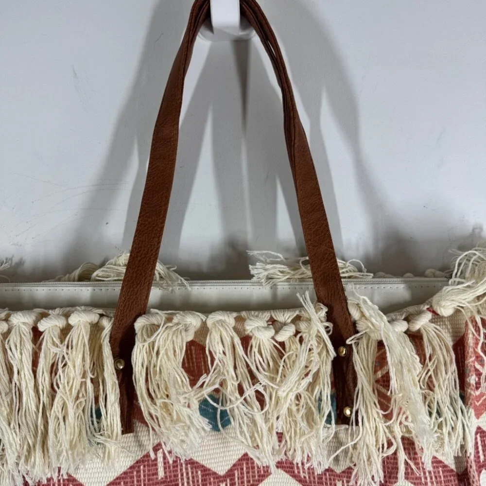 Boho Aztec Fringe Tote Bag Tribal Canvas Beach Shopper Southwest Style Summer - Picture 5 of 14